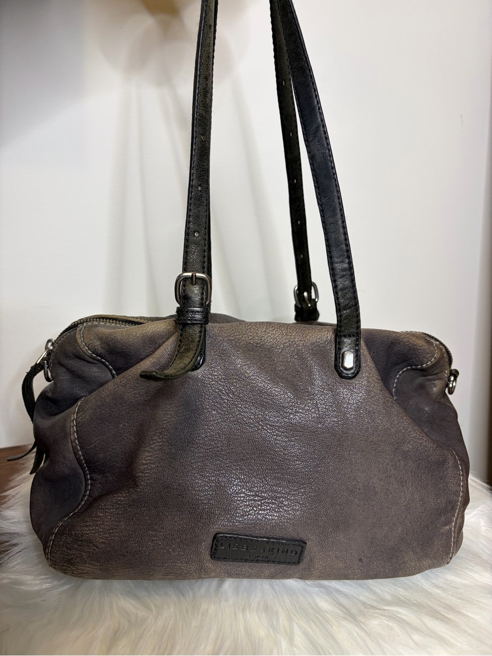 LIEBESKIND BERLIN Metallic Bronze Brown Distressed Leather Shoulder Bag Slouch